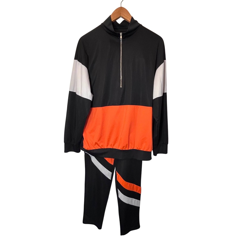 Black Orange Athleisure Track Suit 1/2 Zip Long-Sleeved Shirt and Pants XL‎
